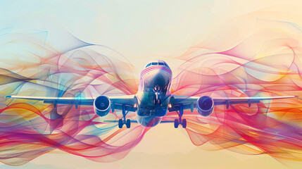 Airplane in Flight with Colorful Abstract Waves on Artistic Background