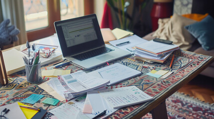 Cluttered Work Desk with Open Laptop, Notes, and Stationery