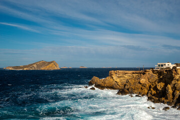 Cape Cap des Bou and S´ Espartar islet view, near Cala Comte beaches, Ibiza, Balearic Islands, Spain