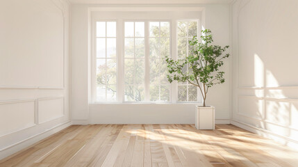 Fototapeta premium A large window in a room with a potted plant in front of it. The room is empty and has a clean, minimalist look