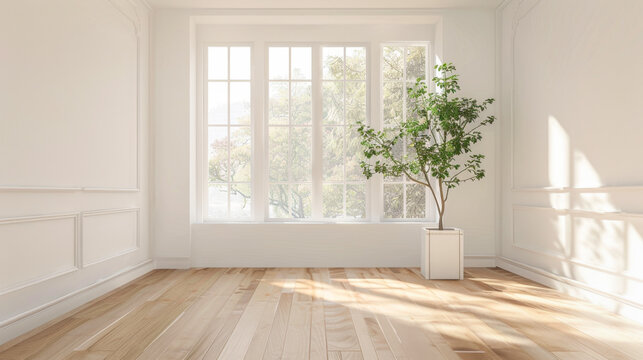 A large window in a room with a potted plant in front of it. The room is empty and has a clean, minimalist look