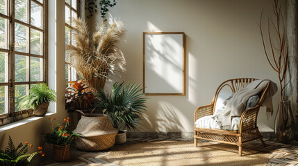 A room with a white frame and a chair with a white pillow. The room is filled with plants and has a natural feel to it