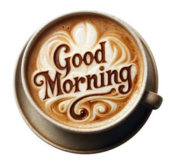 Coffee cup with the inscription "good morning" on the frothy surface of cappuccino, on transparent background