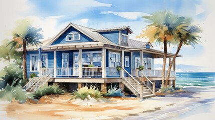 watercolor of blue house with a white porch and a white railing