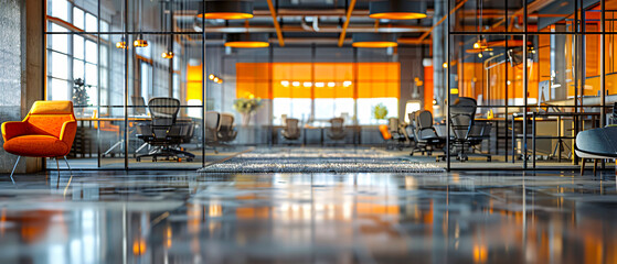 Modern business interior blurred: A glimpse into the dynamic corporate world - obrazy, fototapety, plakaty