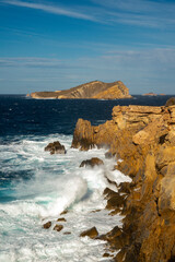 Cape Cap des Bou and S´ Espartar islet view, near Cala Comte beaches, Ibiza, Balearic Islands, Spain