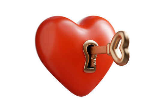 Golden key opening red glossy heart. Finding pure love, soulmate concept. Falling in love. 3d render illustration