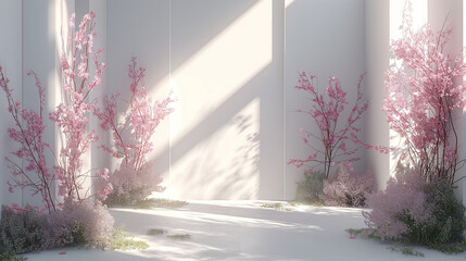 A white room with pink flowers and a white wall