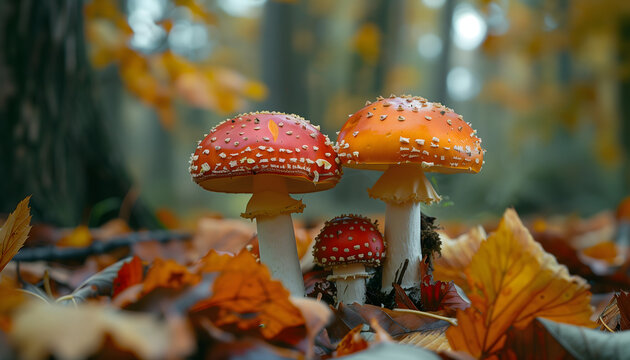 Wild mushrooms in the forest at autumn time 