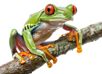 Vibrant red-eyed tree frog on a branch isolated on transparent background