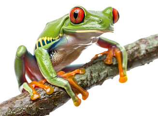 Obraz premium Vibrant red-eyed tree frog on a branch isolated on transparent background