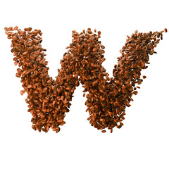 Capital letter W made from coffee beans. Coffee font. Alphabet made from coffee beans. Transparent background.