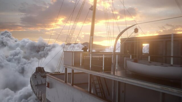 A ship sailing toward the distant future in the sea of ​​clouds and a captain holding a sextant