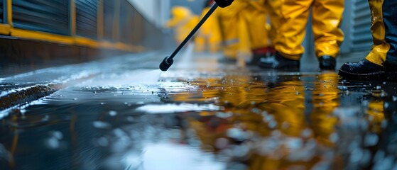 Workers pressure washing driveway for professional cleaning service. Concept Pressure Washing, Driveway Cleaning, Professional Service, Workers at Work, Outdoor Maintenance
