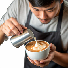 Barista skillfully pouring milk into coffee cup