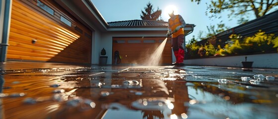 Pressure Washing Service Cleaning a Driveway. Concept Driveway Cleaning, Pressure Washing, Exterior Maintenance, Home Improvement