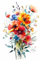 Vivid spring flowers in lush watercolors, isolated bouquet on white