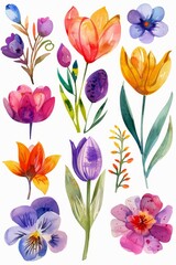 Vivid watercolor spring flowers, lush floral clipart isolated