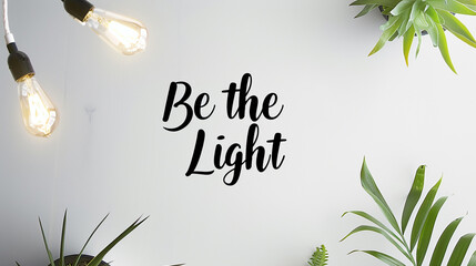A minimalist white background with the quote "Be the Light" in bold black lettering.
