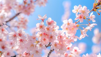 Fototapeta premium Close up of cherry blossoms on tree against electric blue sky