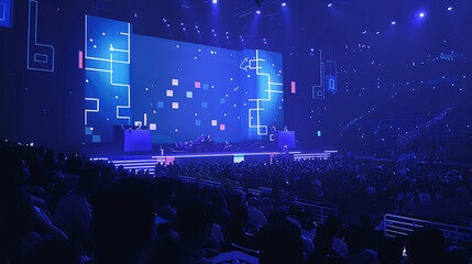 Corporate leader giving an inspiring speech at a conference, audience engaged, grand stage with LED screens -