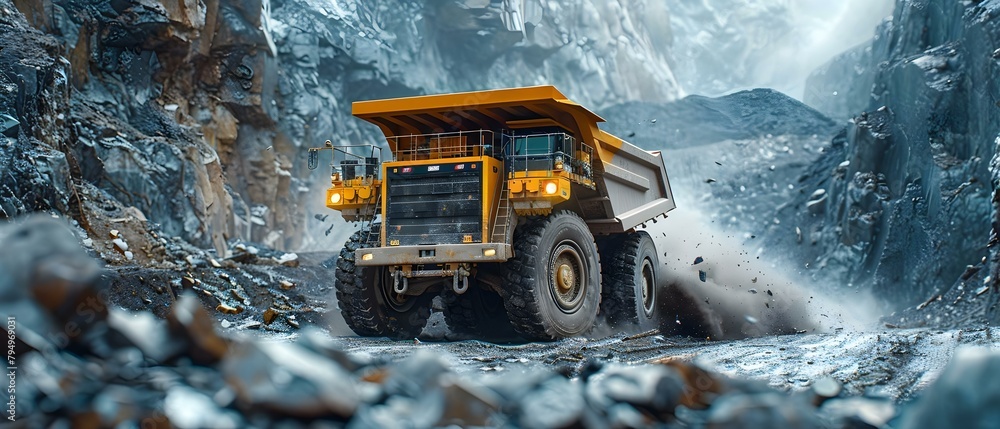 Poster realistic image of open pit mining with large yellow dump truck extracting coal. concept mining indu