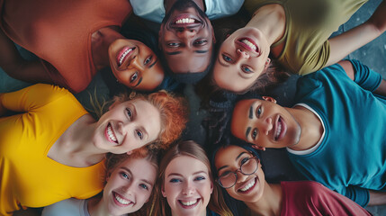 Diverse Group of Smiling Colleagues in Casual Clothing Gathered in a Circle