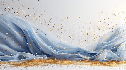 Naklejka premium Blue curtain background. Golden confetti banner and ribbon. Celebration grand opening party happy concept.