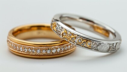 Amber and metal rings displayed on white surface for wedding ceremony