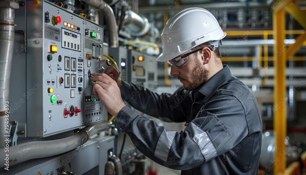 Aufkleber an engineer in a helmet is wiring a control panel in a factory building