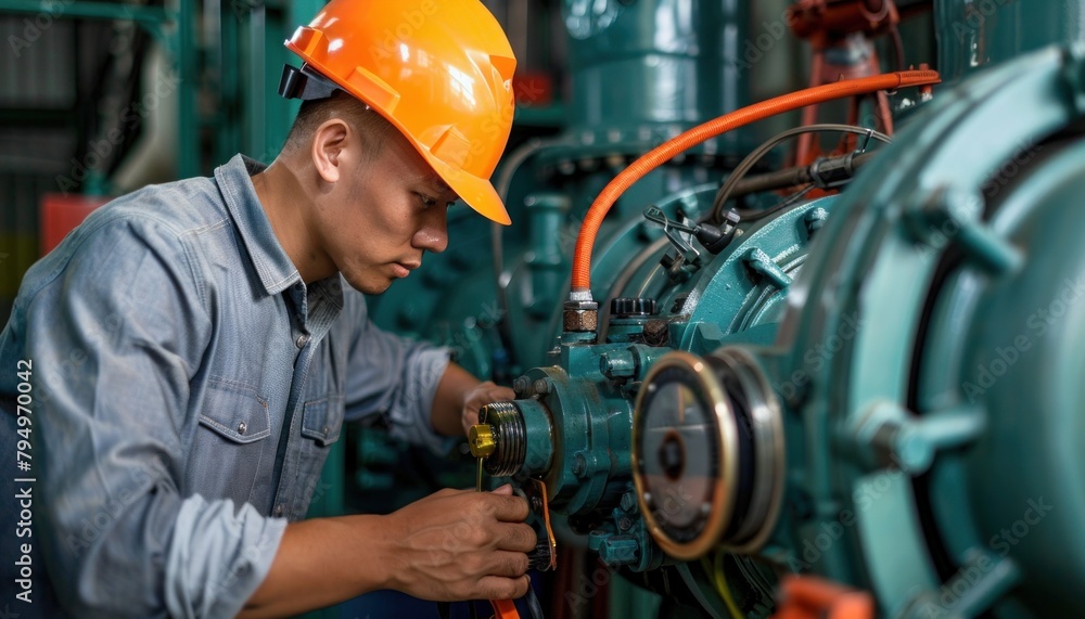 Aufkleber an engineer in workwear with a helmet is working on a machine in a factory
