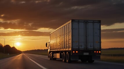 Freight Truck Speeding Toward Sunset on Highway. Concept Transportation, Highway, Sunset, Freight Truck, Speeding