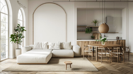 Fototapeta premium A modern living room with a white couch, a coffee table, and a potted plant. The room has a clean and minimalist design, with a focus on natural elements like the plant and the wooden furniture