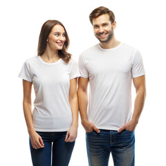 Fototapeta premium Smiling young couple in plain white t-shirts looking happy