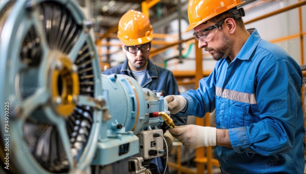 Poster two engineers in workwear and helmets operate a machine in the factory