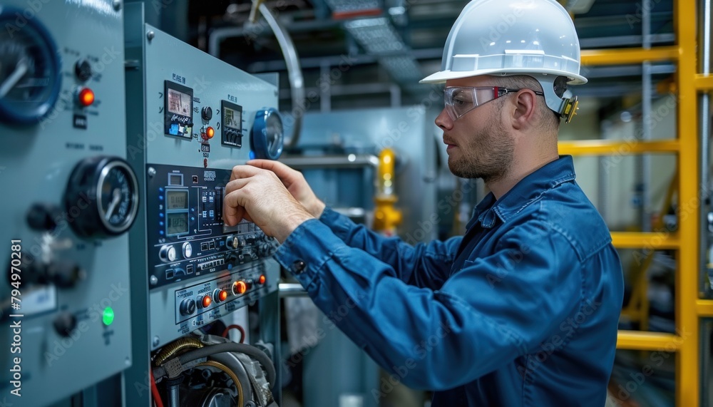 Aufkleber an engineer in workwear and a hard hat is operating a machine in a factory