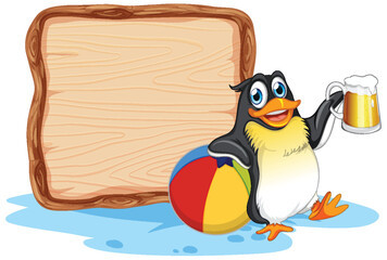 Cheerful penguin with beer and beach ball.