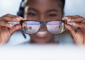 Vision, glasses and girl on computer with eyesight, protection of blue light and optometry. Eye...