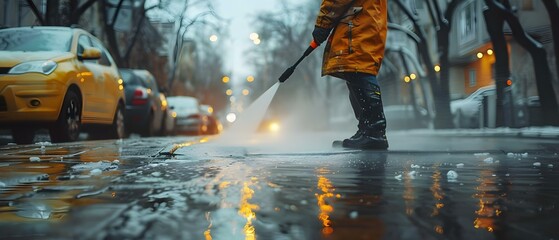 Man cleans city sidewalk curb with highpressure washer early in morning. Concept City Cleanup, High-pressure Washer, Early Morning, Sidewalk Maintenance, Urban Maintenance