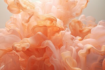 A vibrant dance of peach and orange ink clouds swirling in water, creating an abstract visual effect. The backdrop of soft gradients is ideal for creative projects, digital media backgrounds. - 794970450
