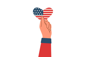 Hand holding american flag in the shape of heart. Memorial day and Independence day concept. Vector flat illustration.