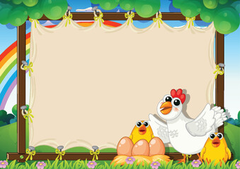 Cartoon chicken and chicks with a rainbow backdrop.
