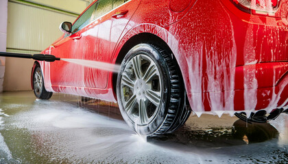 Closeup of a modern red car in a car wash with foam and water jet. High pressure cleaning machine. Generative Ai.