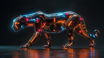 A digital painting of a black panther made of metal with blue and orange glowing parts walking towards the right on a reflective surface.