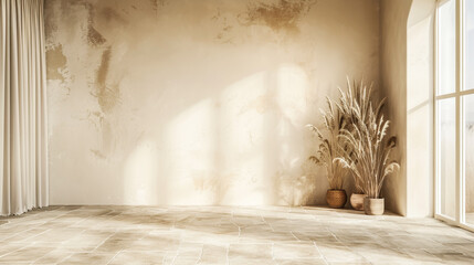 A large room with a white wall and a window. The room is empty and has a minimalist feel - obrazy, fototapety, plakaty
