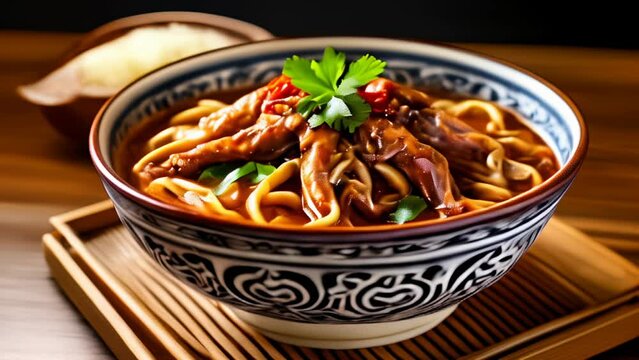  Delicious noodle dish with meat and herbs ready to be savored