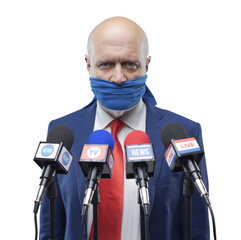 Angry politician with sealed mouth at the press conference