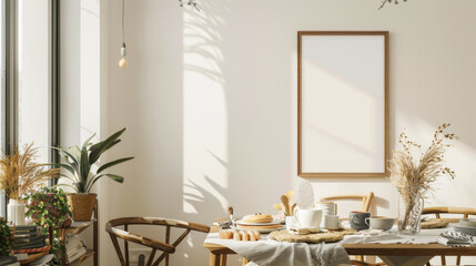 A white framed picture hangs on a wall in a room with a table and chairs. The table is set with plates, cups, and utensils, and there are potted plants and vases on the table