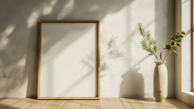 A white frame with a vase of flowers sits on a wooden table. The frame is empty, and the vase is filled with green leaves. The scene is simple and elegant, with the vase