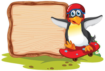 Cartoon penguin on skateboard beside blank sign.